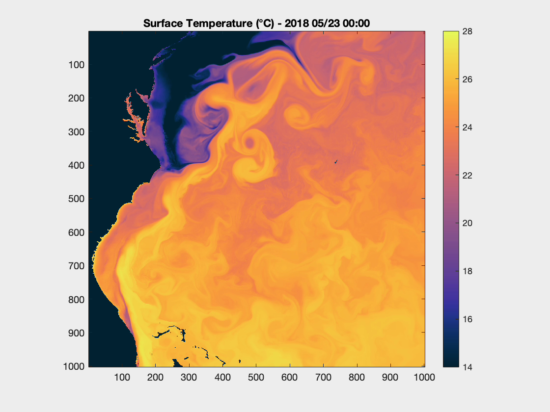 Surface temperature from a high-resolution US East Coast model showing the warm Gulf Stream along the coast