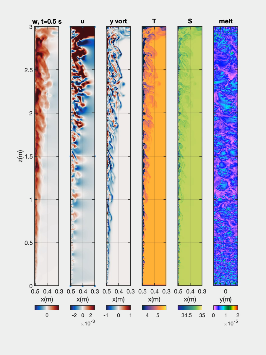 Vertical profiles of velocity, vorticity, temperature, salinity, and melt rate from a direct numerical simulation of the ice-ocean boundary layer